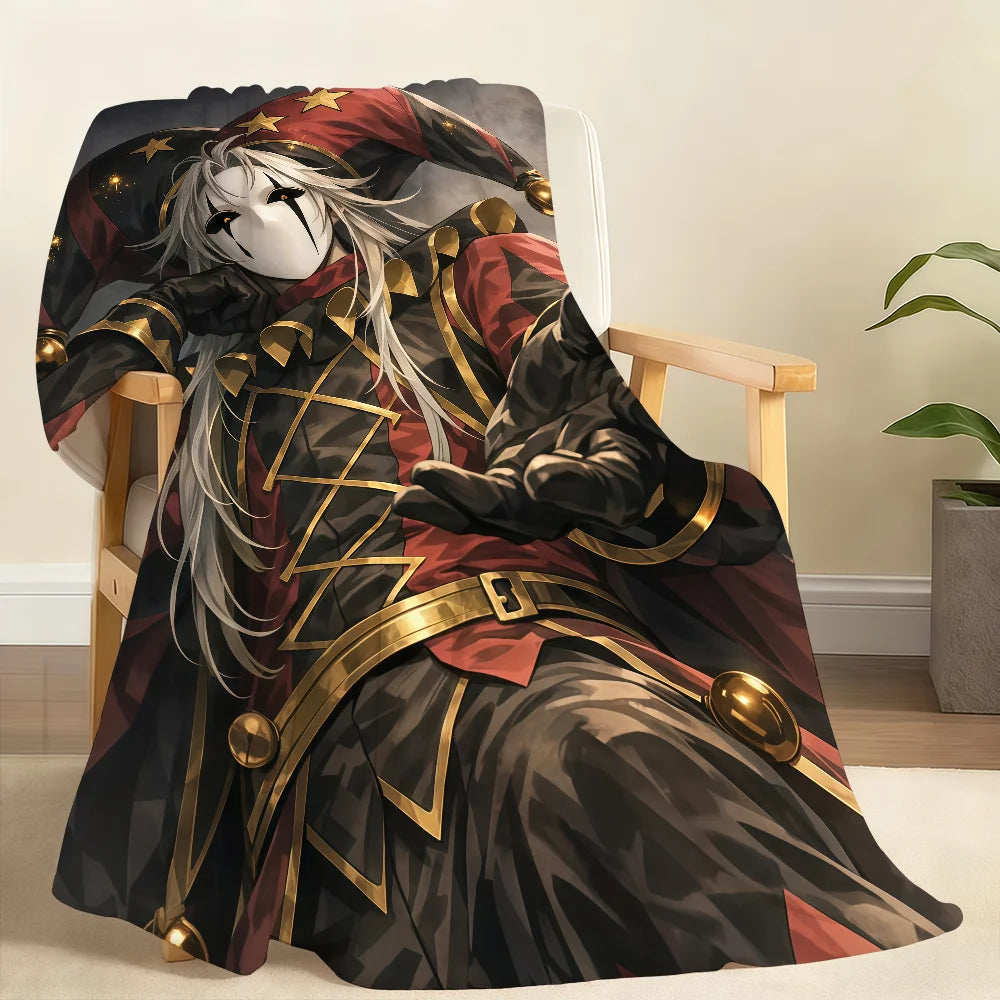 A person dressed as Pierrot wearing a black and red circus-themed outfit is sitting in a wooden chair.