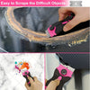 A hand uses a pink adhesive remover and glass scraper tool to clean difficult objects on a dark surface.