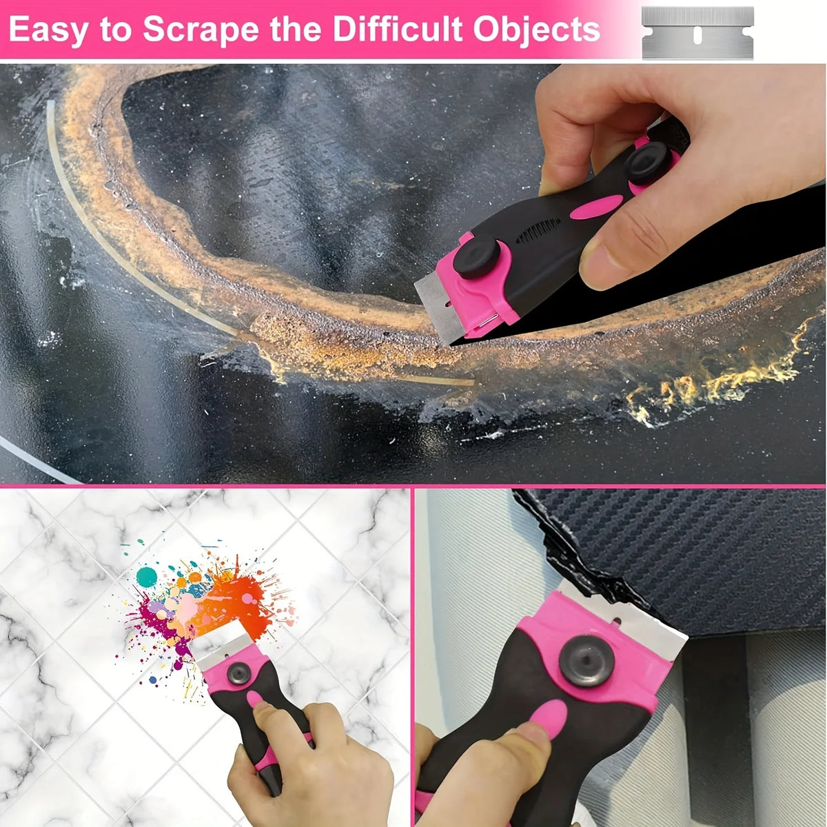 A hand uses a pink adhesive remover and glass scraper tool to clean difficult objects on a dark surface.