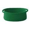 A handwoven rope storage basket in dark green with handles.