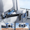A black adjustable tablet holder with a blue magnetic grip is shown mounted on a car headrest.