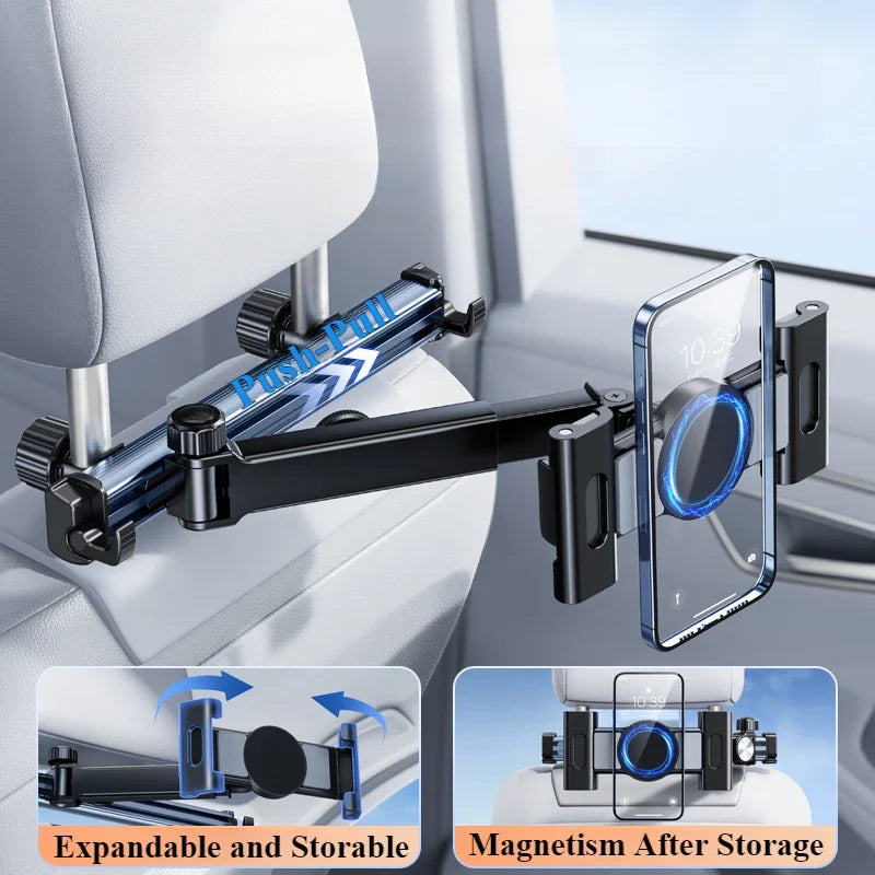 A black adjustable tablet holder with a blue magnetic grip is shown mounted on a car headrest.