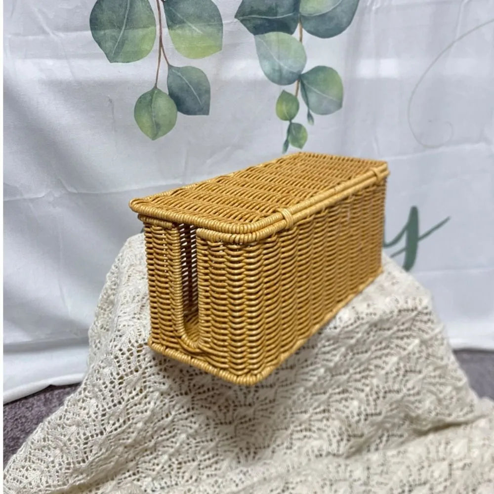 Handwoven Rattan Cable Management Box with Lid