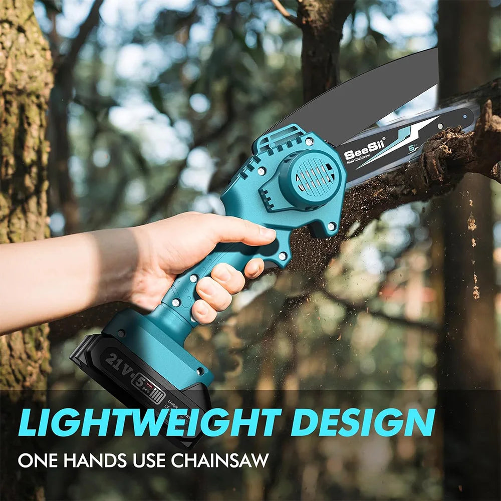 A hand holds a teal cordless mini chainsaw with a light weight design, cutting into a tree trunk.
