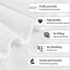 A white flannel throw blanket is shown with features highlighting fluffiness, high quality stitching, no pilling, no shedding