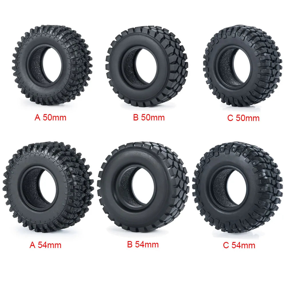 A set of soft rubber tires for RC crawler cars in various diameters and sizes.