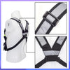 A black chest harness pouch for hands-free use with walkie-talkies and radios shown on a mannequin.