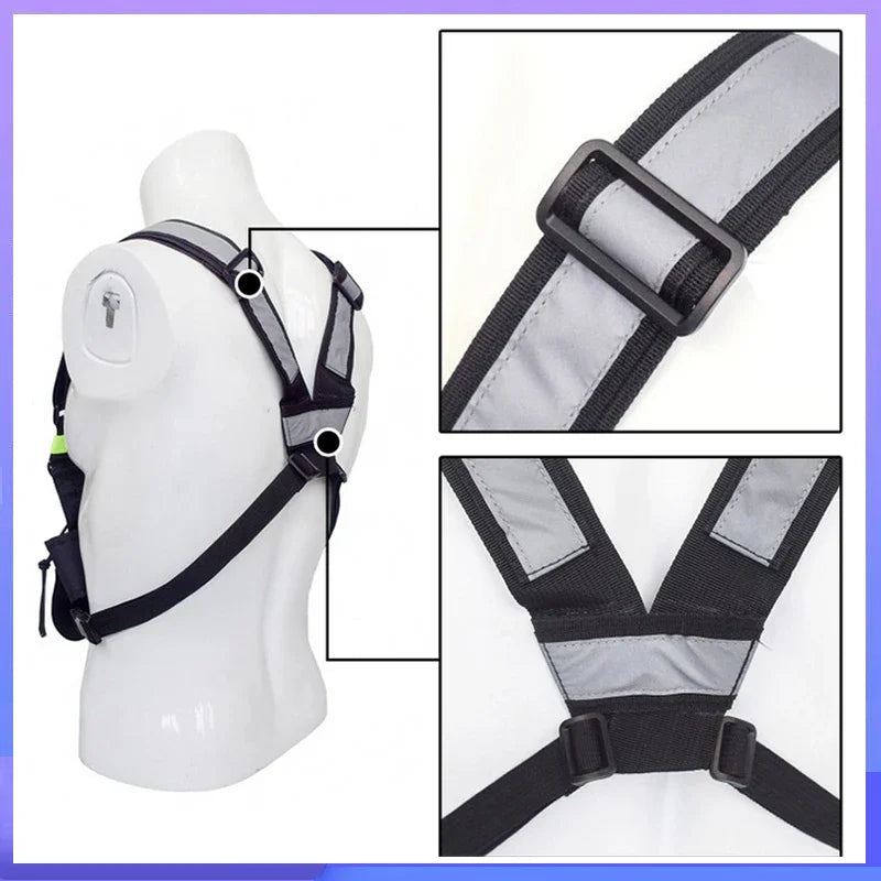 A black chest harness pouch for hands-free use with walkie-talkies and radios shown on a mannequin.