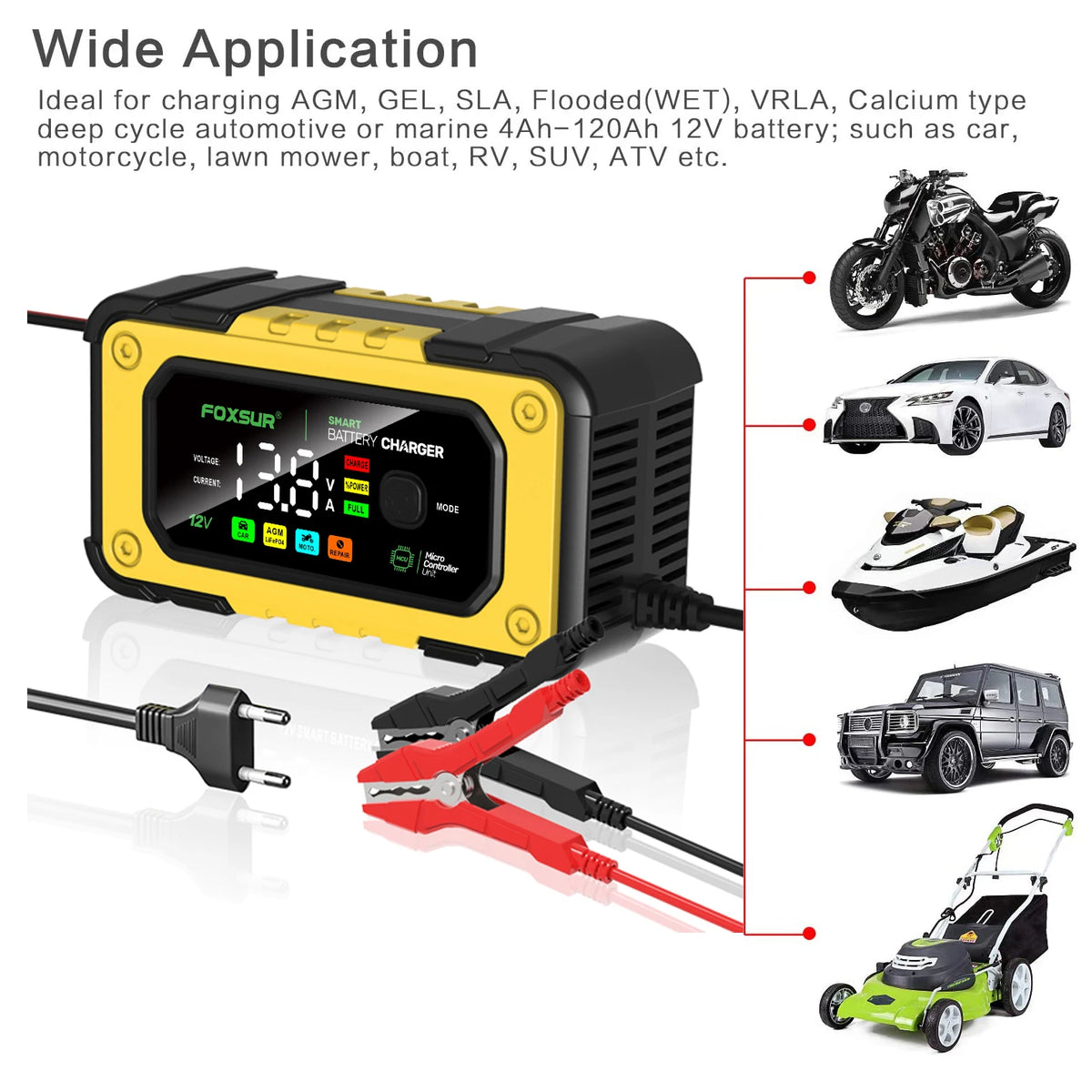 A yellow portable smart 12V battery charger with a digital display is shown alongside various applications like cars, motorcy