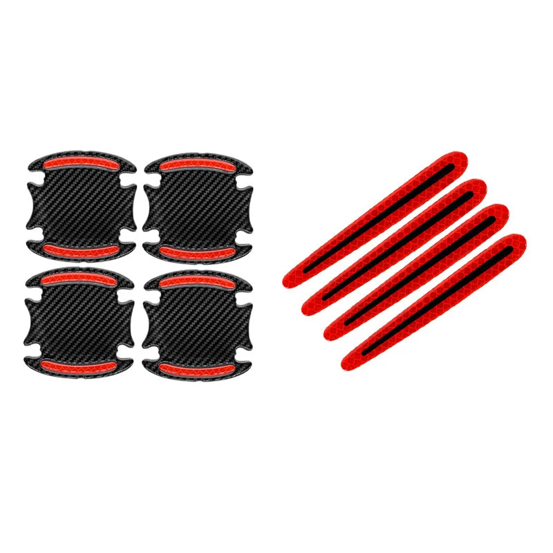 Eight carbon fiber reflective stickers shaped like car door handles in black and red