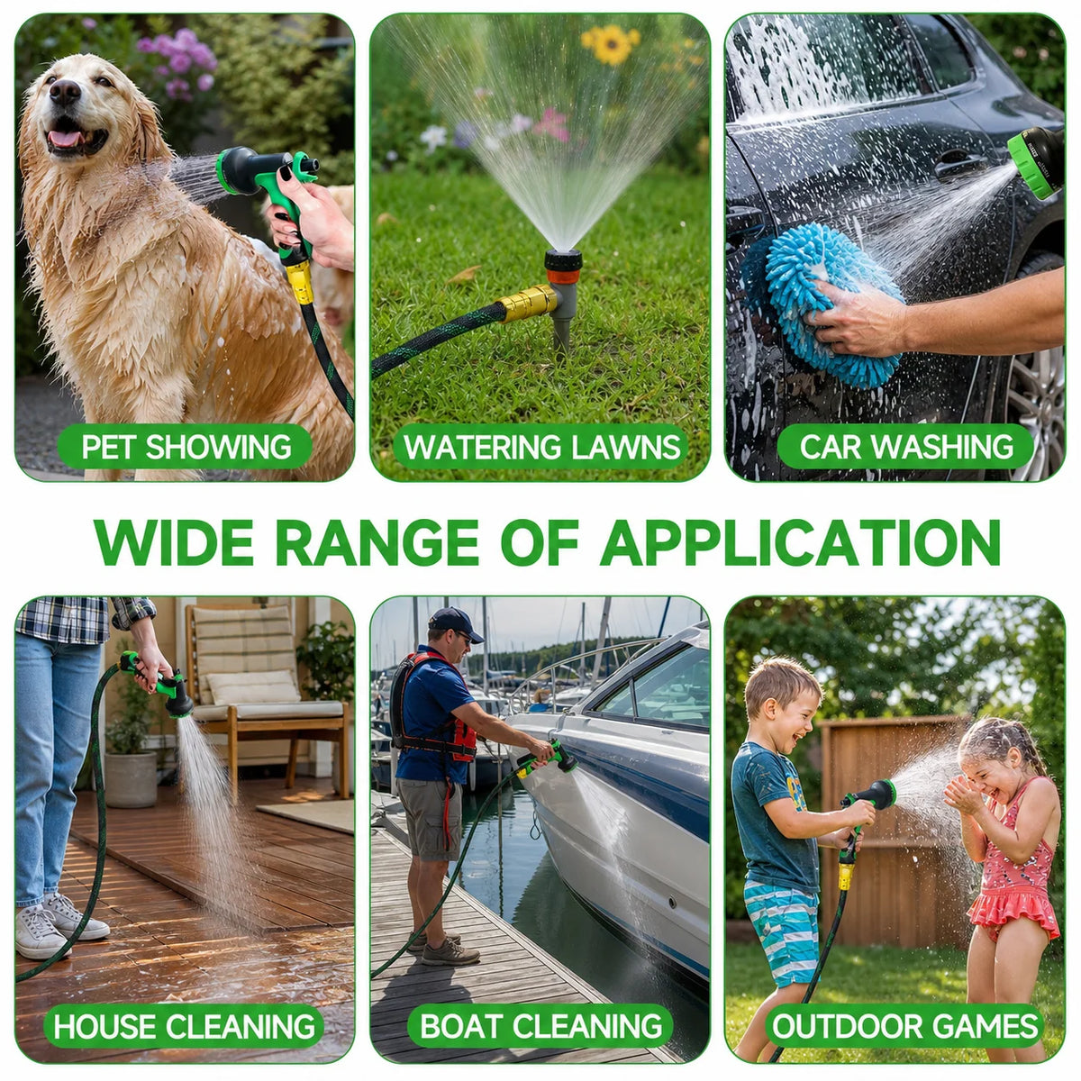 Image showing various applications of a 100-foot flexible garden hose with 10 spray nozzles including pet showing, watering l