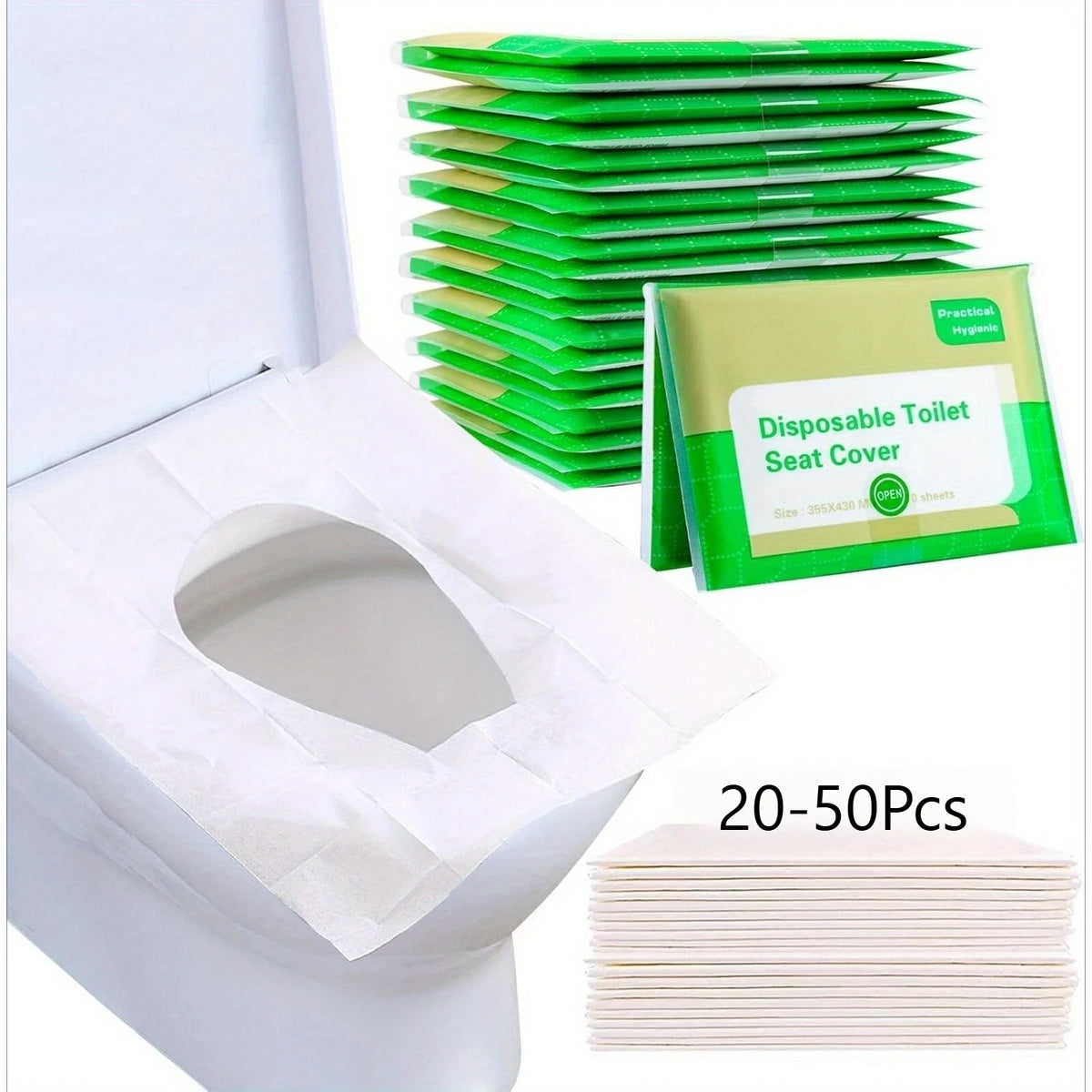 A stack of green disposable toilet seat covers is shown next to a white toilet, with another stack of pink covers displayed b