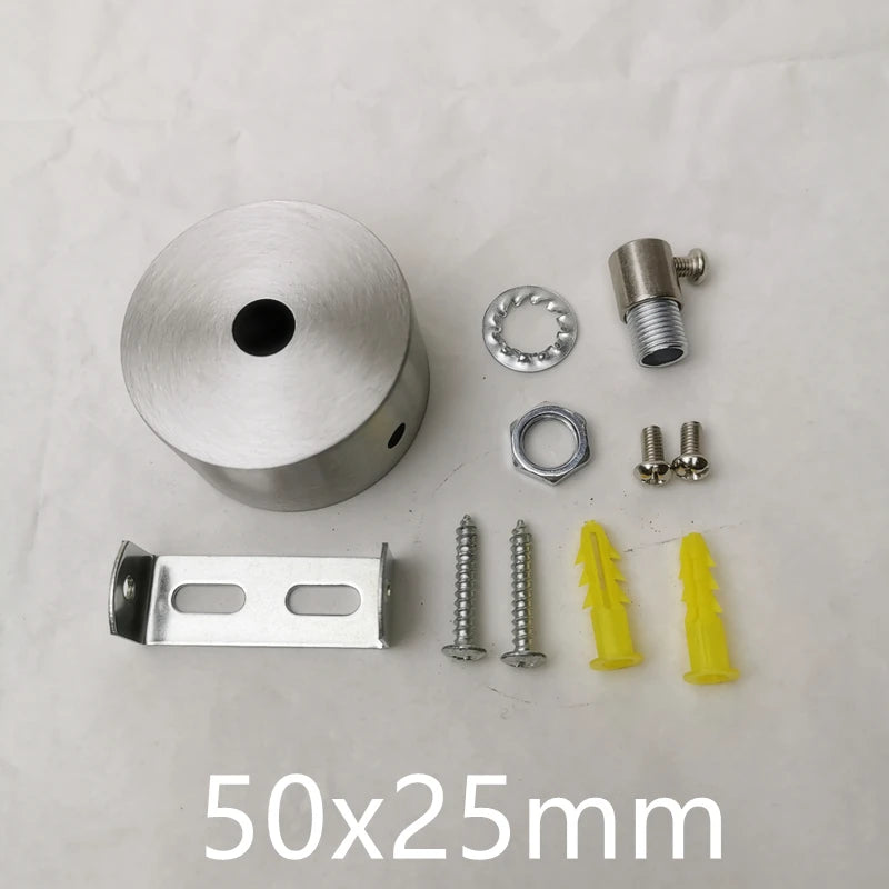 Various stainless steel hardware components including a canopy, rings, and screws for pendant lights.