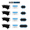 Size guide showing various sizes of black stretchable spandex tablecloths for rectangular tables.