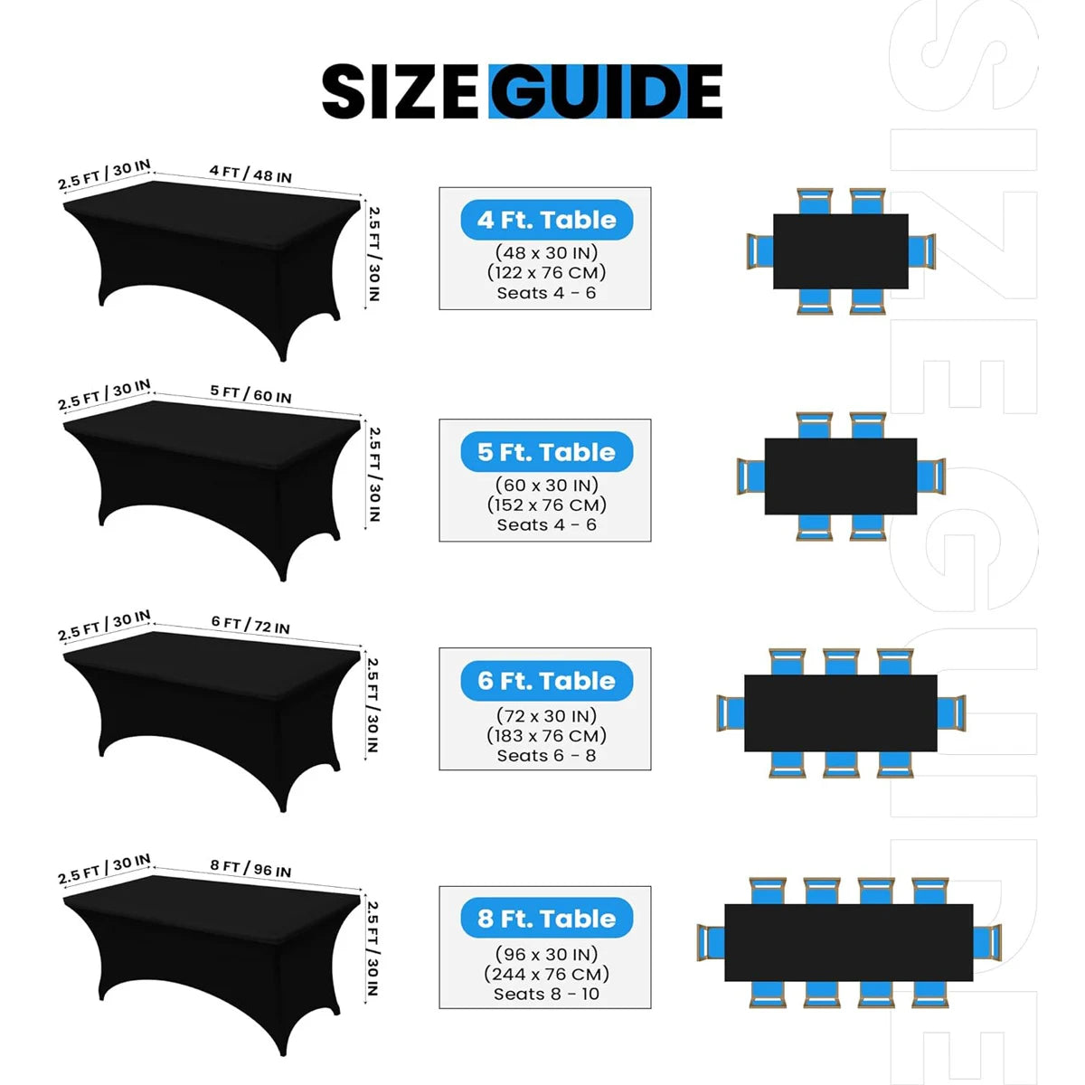 Size guide showing various sizes of black stretchable spandex tablecloths for rectangular tables.