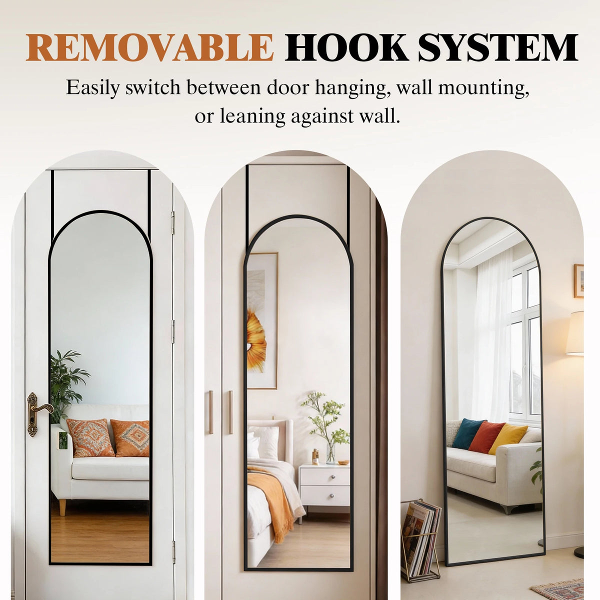Removable hook system for door hanging, wall mounting, or leaning against a wall.