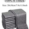 A stack of ten thick gray microfiber cleaning cloths, measuring 20x30cm or 7.9x11.8 inches.