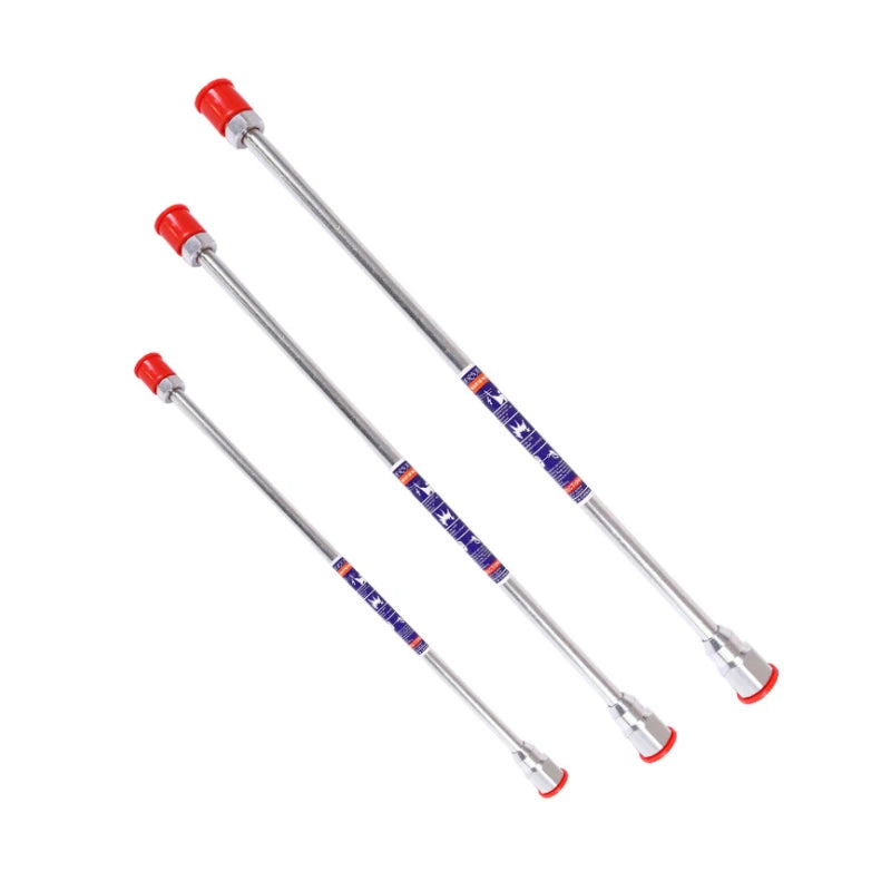 A set of airless paint sprayer extension poles with red and silver components.
