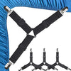 Black adjustable bed sheet holder straps with anti-slip clips shown against a blue fabric background
