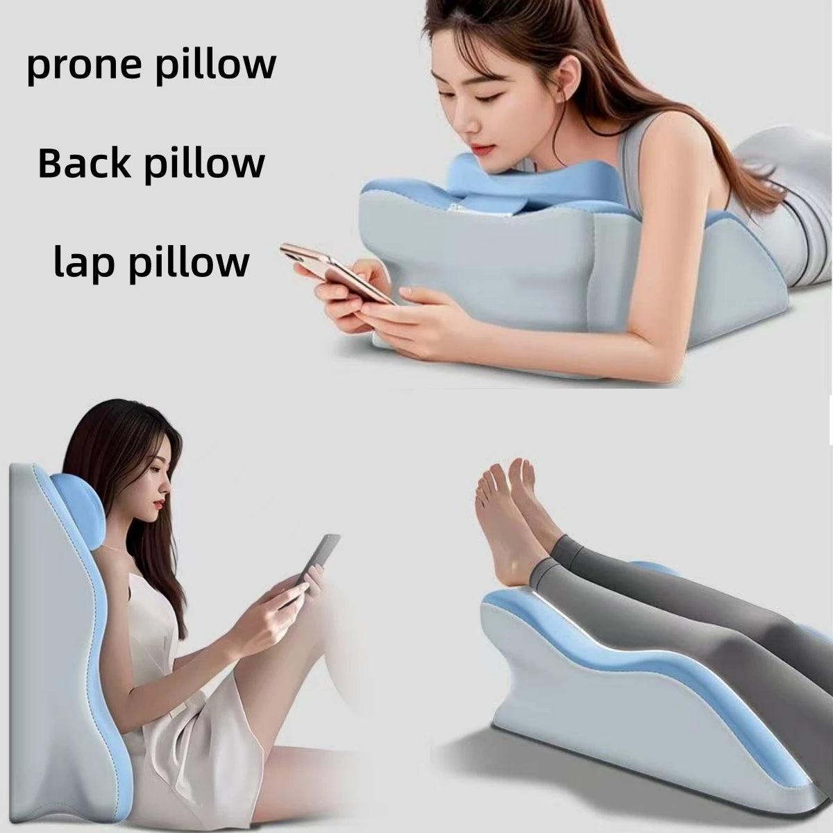 Various ergonomic memory foam pillows including a prone pillow, back pillow, and lap pillow shown in use.