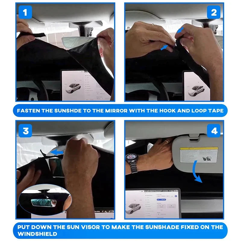 Instructions showing how to fasten a sunshade to a mirror and put down the visor on the windshield.