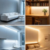 A modern bedroom featuring a wooden desk and shelving unit with integrated LED lighting.