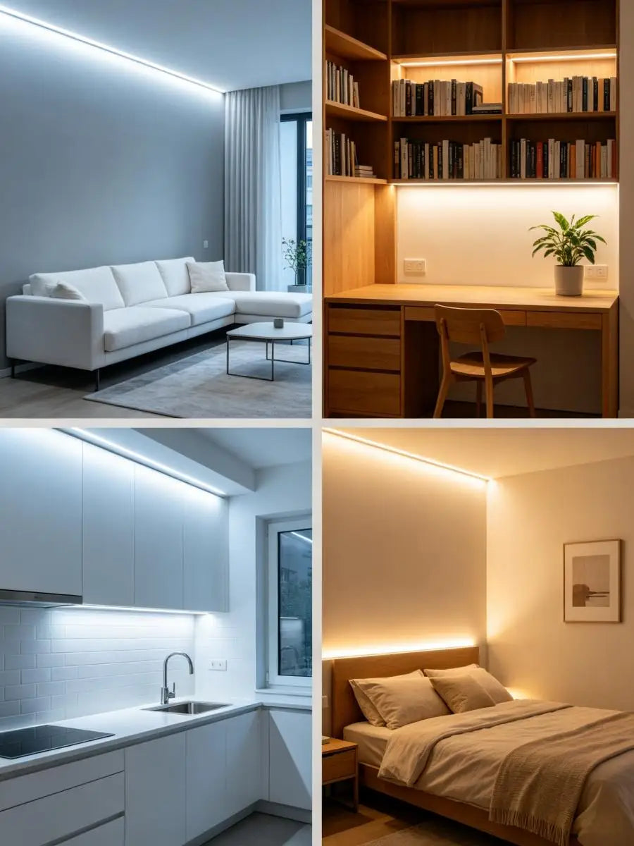 A modern bedroom featuring a wooden desk and shelving unit with integrated LED lighting.