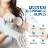 A person wearing white disposable gloves demonstrates multi-use gloves for various applications like home, beauty, food servi