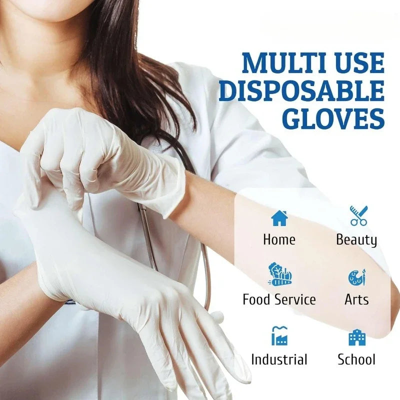 A person wearing white disposable gloves demonstrates multi-use gloves for various applications like home, beauty, food servi