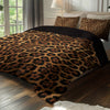 A brown leopard print duvet cover set displayed on a bed with matching pillows and a white fur rug.
