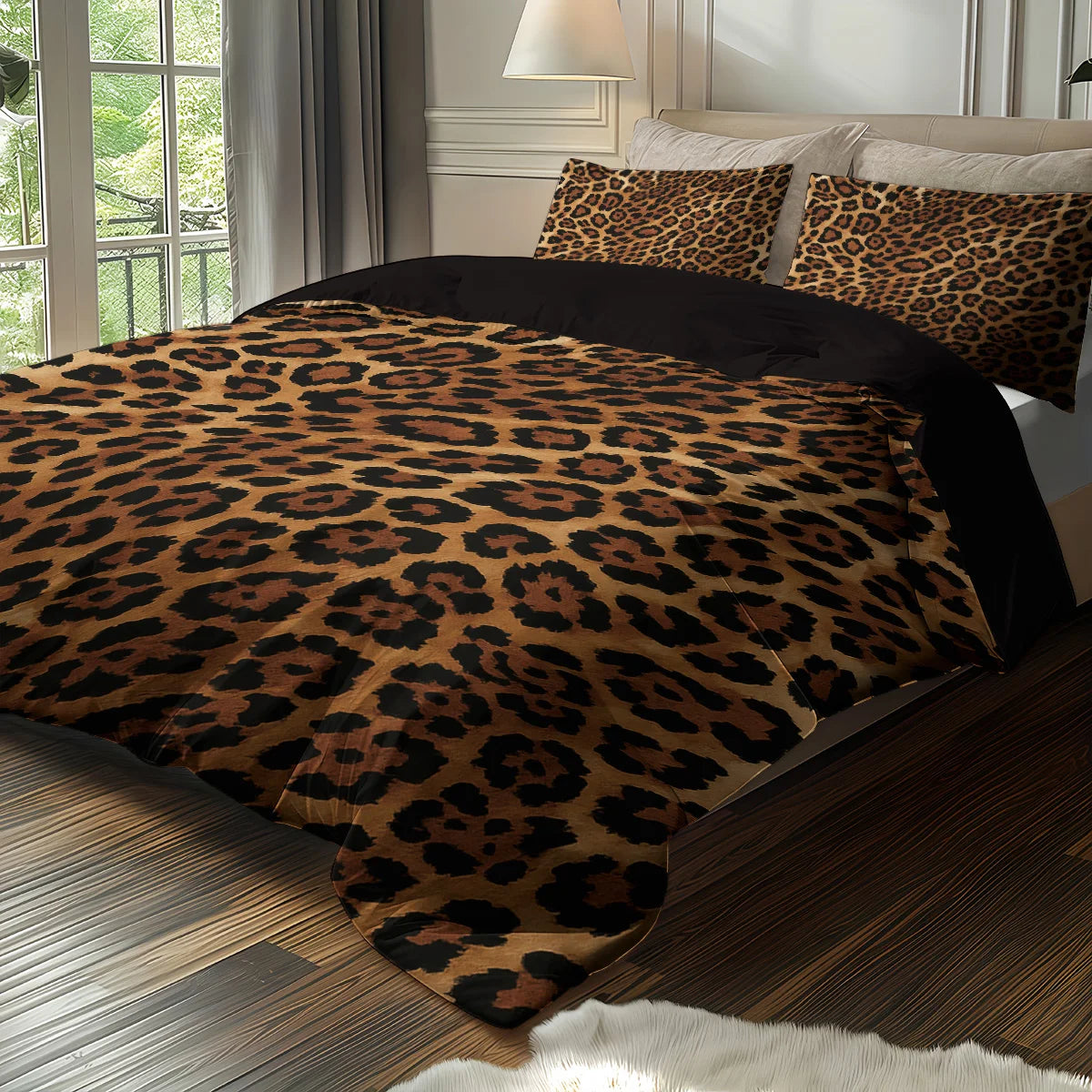 A brown leopard print duvet cover set displayed on a bed with matching pillows and a white fur rug.
