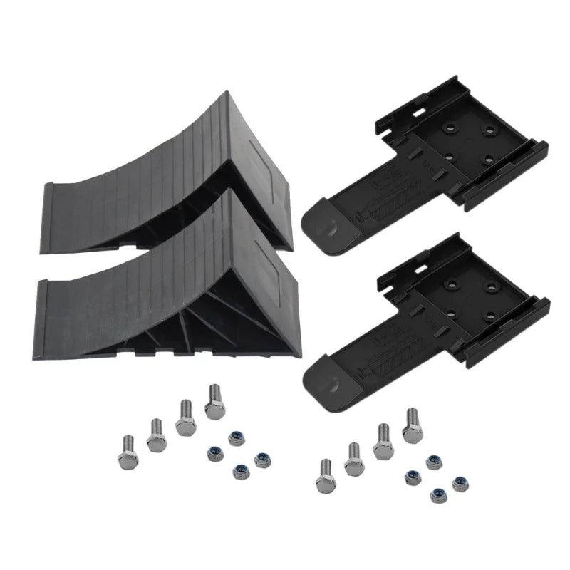 Black heavy-duty rubber wheel chocks with non-slip grip and mounting brackets