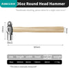 A wooden ball peen hammer with a round head and high-carbon steel striking surface shown against a white background.