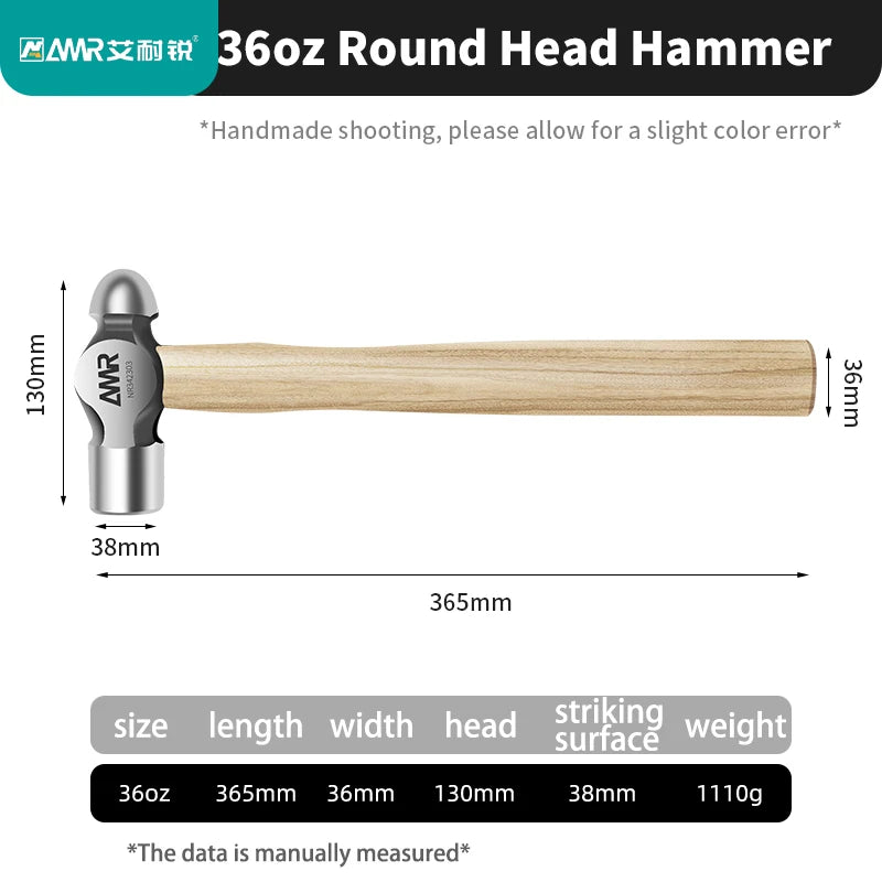 A wooden ball peen hammer with a round head and high-carbon steel striking surface shown against a white background.