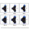 A set of pneumatic quick push-in fittings for air compressor tubing in various sizes PE-4 through PE-16.