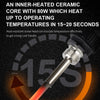 A soldering iron tip is shown glowing red, illustrating the ability to reach high operating temperatures quickly.
