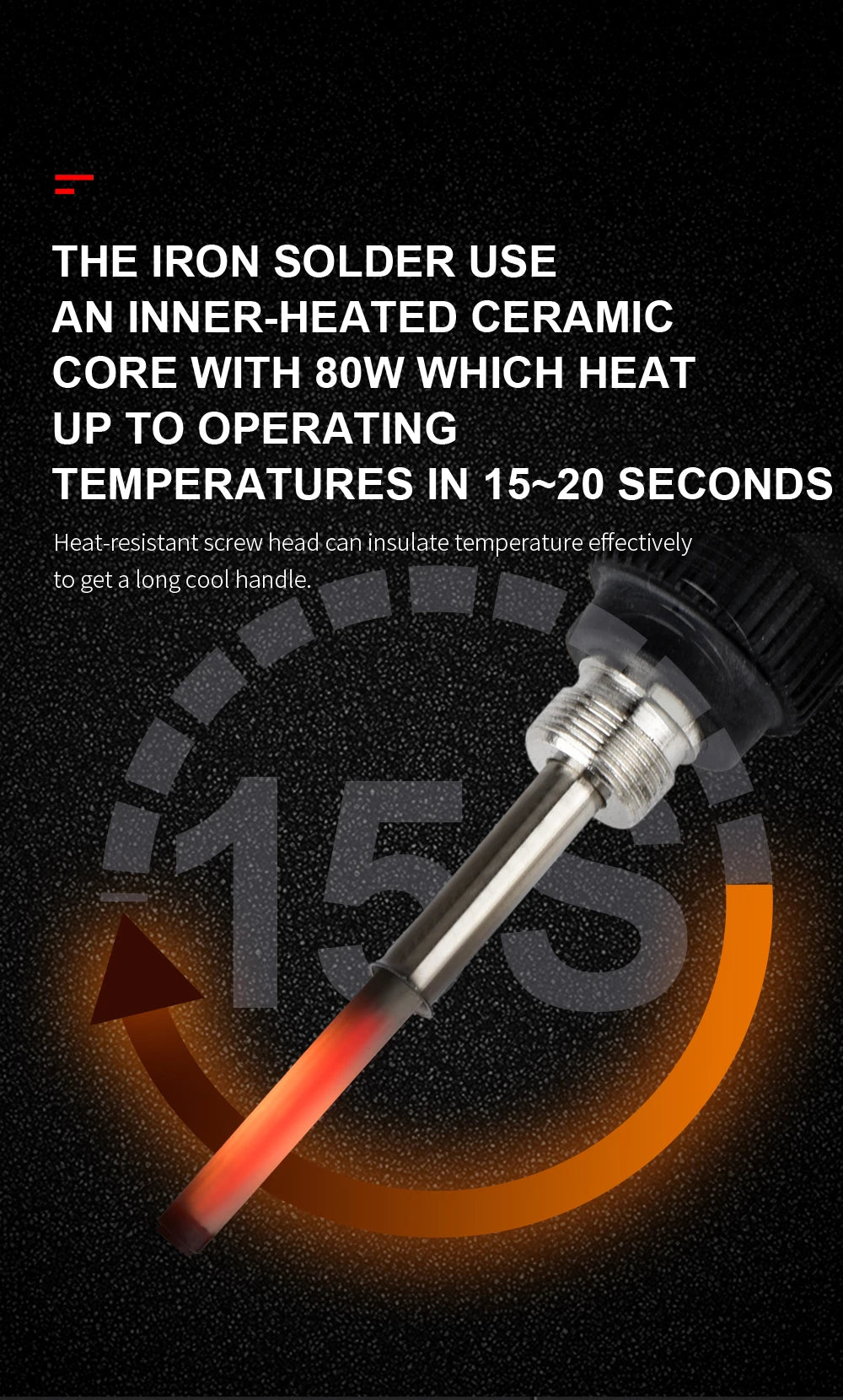 A soldering iron tip is shown glowing red, illustrating the ability to reach high operating temperatures quickly.