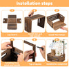 Installation steps showing how to assemble a wooden storage crate with a long handle for baby toys and clothing