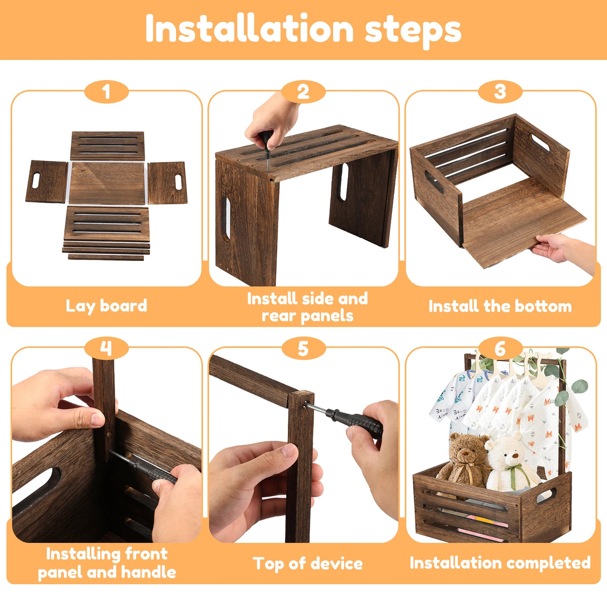 Installation steps showing how to assemble a wooden storage crate with a long handle for baby toys and clothing