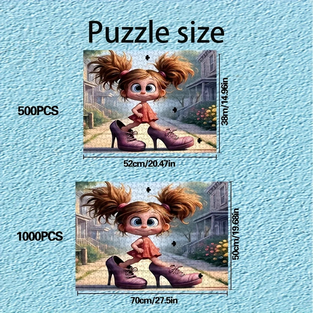 Two puzzle sizes showing a girl figure, one 500 pieces and one 1000 pieces.
