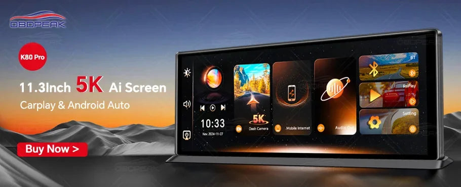 A black 5K Ai Screen dash cam device is displayed on a dark surface with a sunset background.