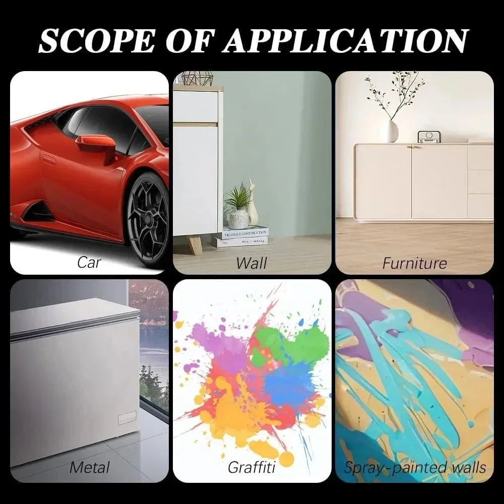 Image showing the scope of application for a universal spray paint handle, including car, wall, furniture, metal, graffiti, a
