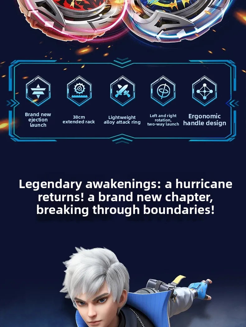 A close-up of a white-haired character holding an AULDEY Infinity Nado Spin Force Battle Top with Launcher product.
