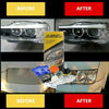 Before and after comparison of a DIY headlight restoration kit applied to automotive headlights.
