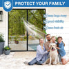 A family is sitting on a porch while a hands-free magnetic screen door is shown protecting the home.