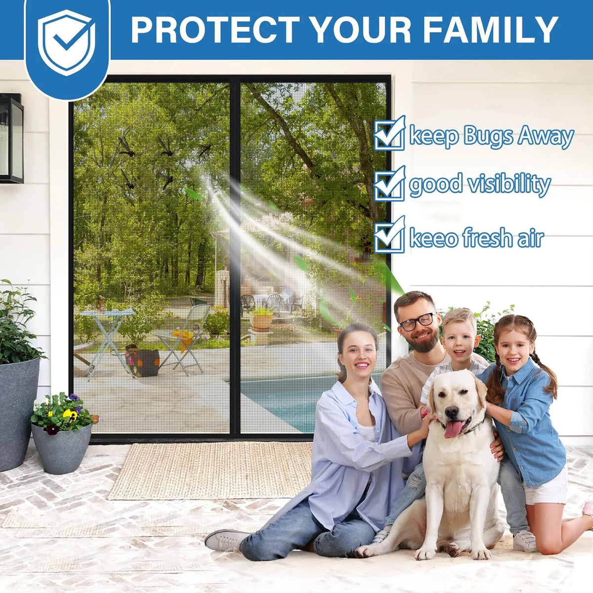 A family is sitting on a porch while a hands-free magnetic screen door is shown protecting the home.