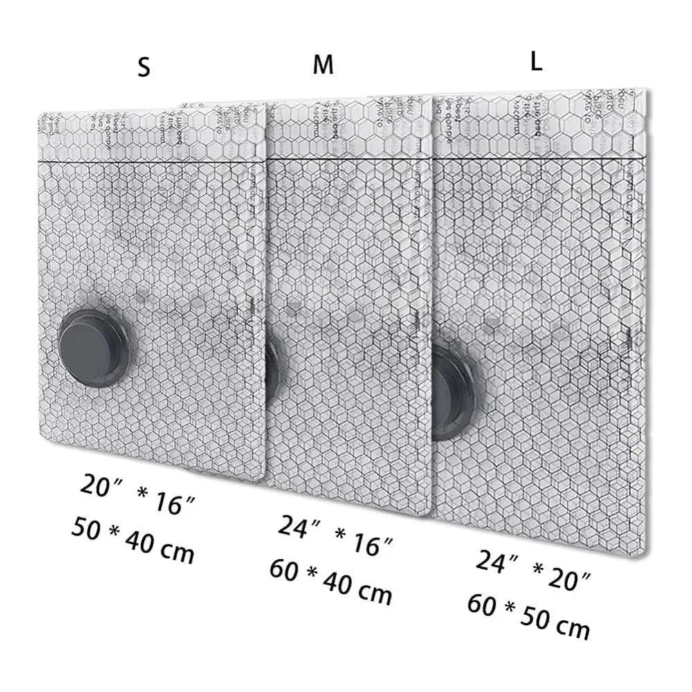 Three sizes of portable vacuum compression bags labeled S, M, and L showing different dimensions.
