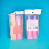 A package of pink scented drawstring trash bags with handles is displayed against a blue background.