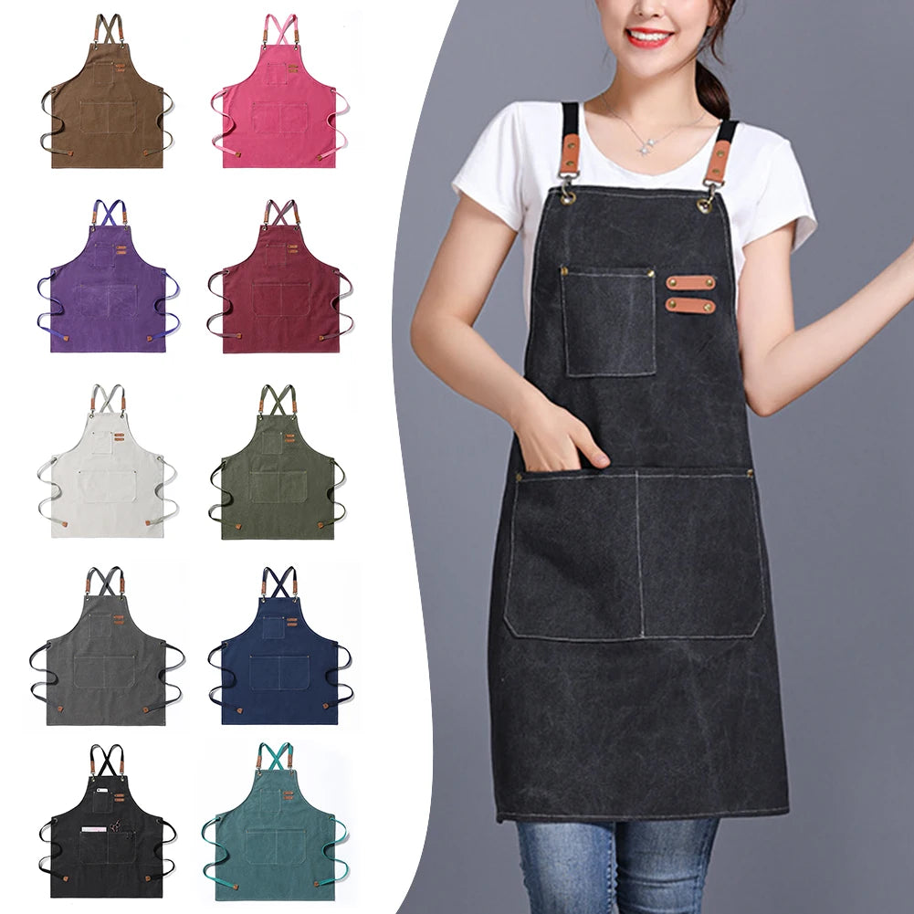 A collection of oil-proof canvas aprons in various colors and styles displayed on a model.