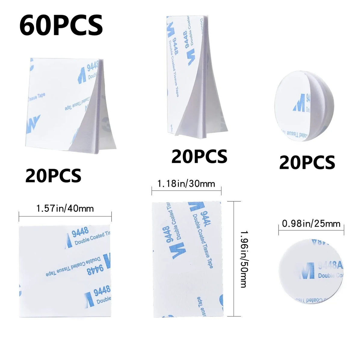 Various quantities of white double-sided mounting foam tape rolls and individual pieces are shown.